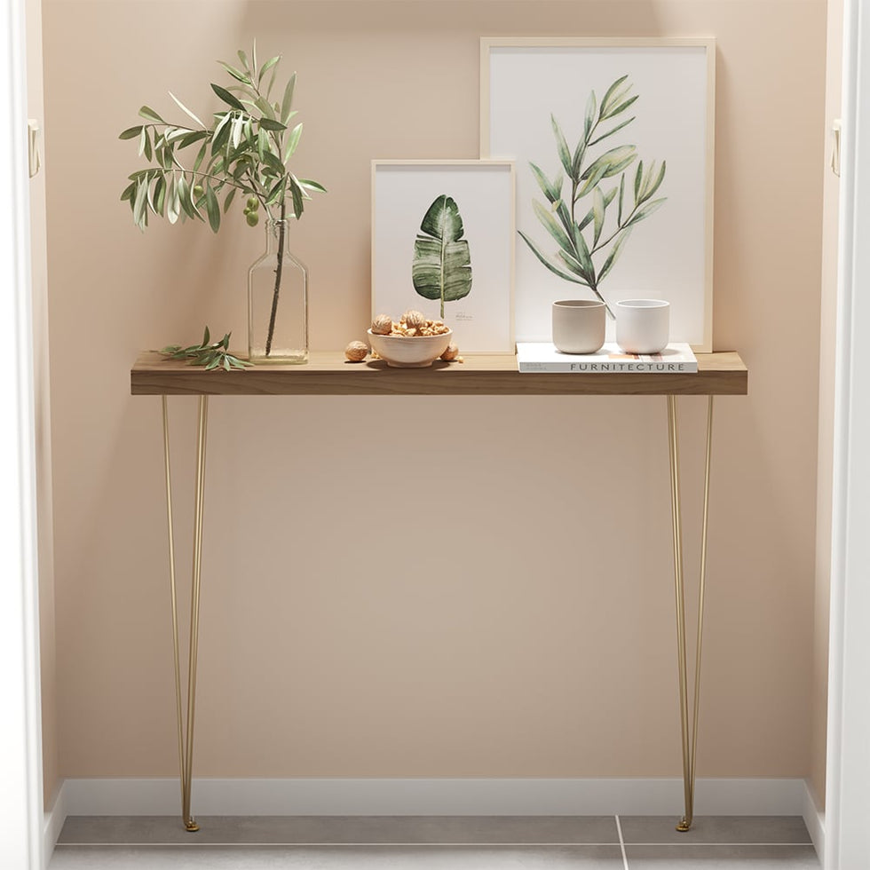 HMR - Rustic Narrow Rectangular 59" Console Table with Wooden Top & Metal Legs