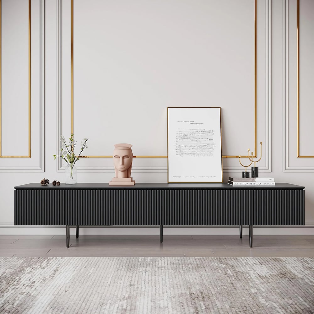 HMR - Modern 70.9" TV Stand with Drawers Line Media Console with Black Metal Legs