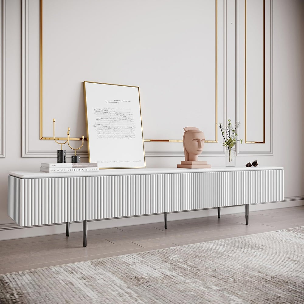 HMR - Modern 70.9" TV Stand with Drawers Line Media Console with Black Metal Legs