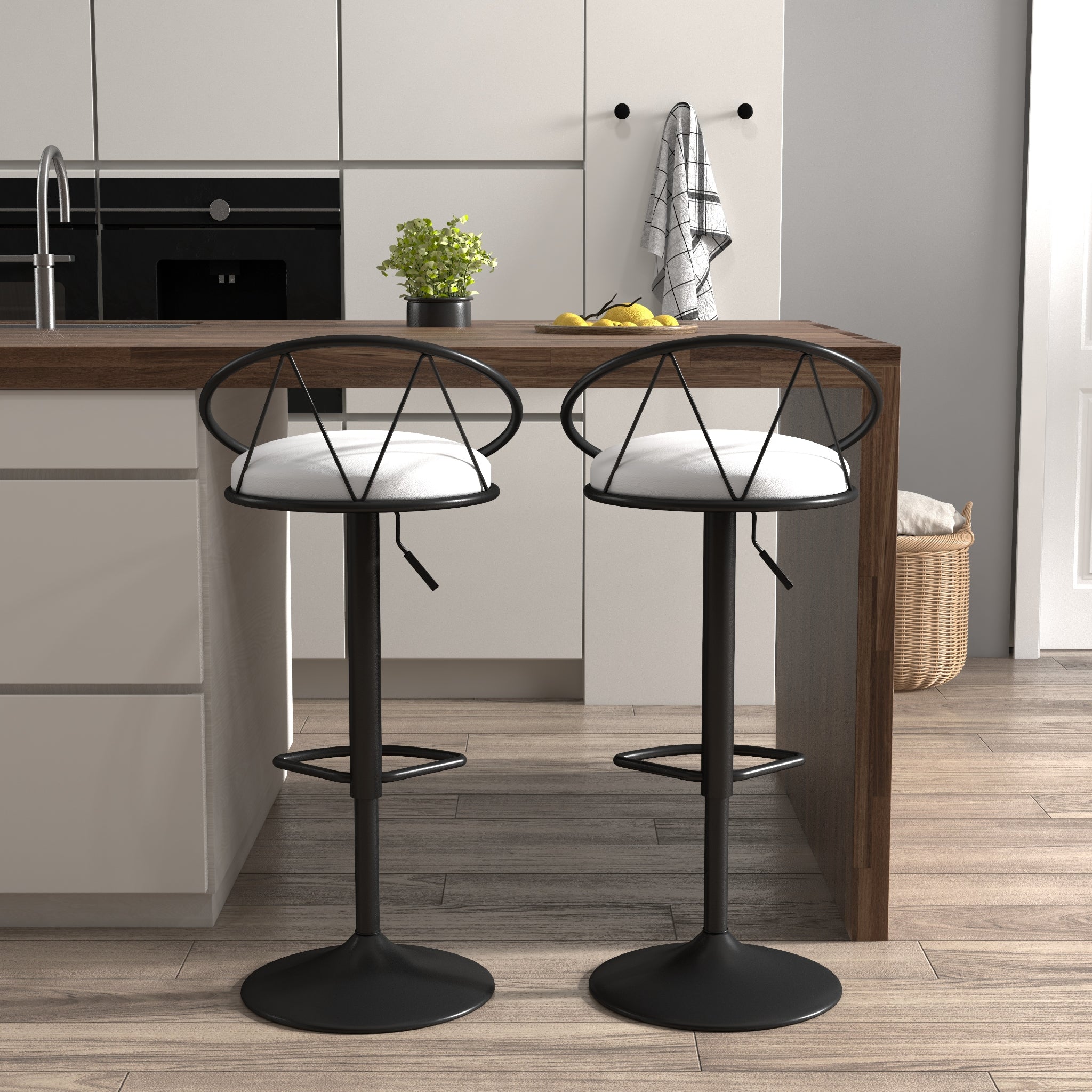 HMR - Modern Adjustable Swivel PU Leather Upholstered Counter Stools with (Set of 2)