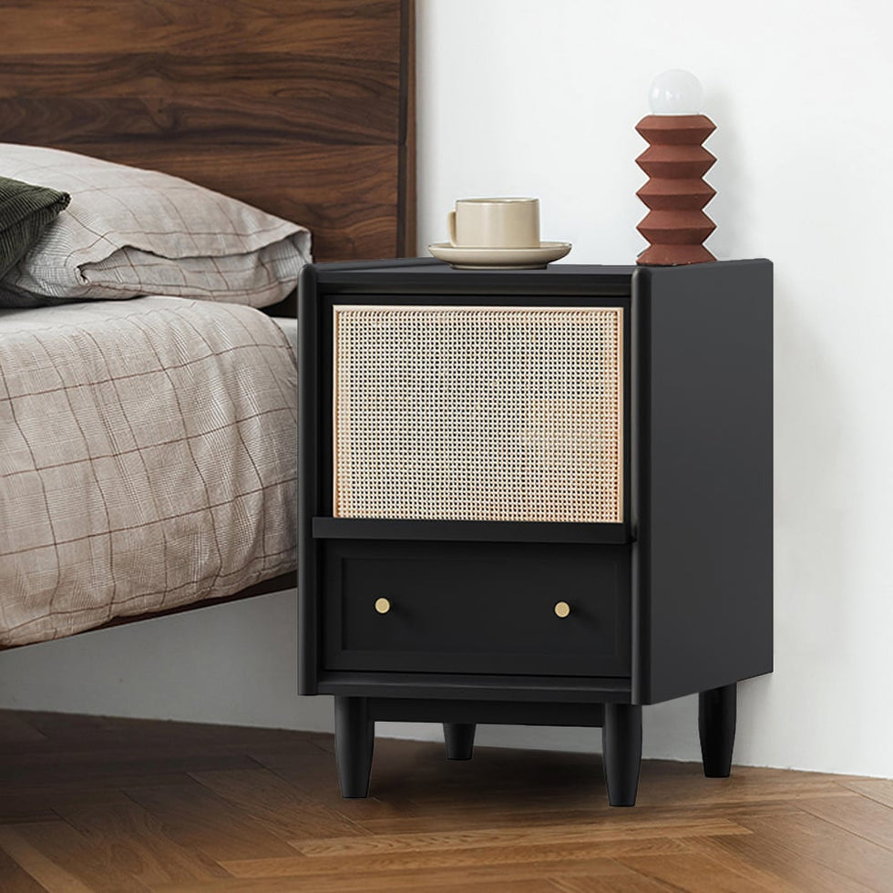 HMR - Rustic Rattan Nightstand with Storage Solid Wood