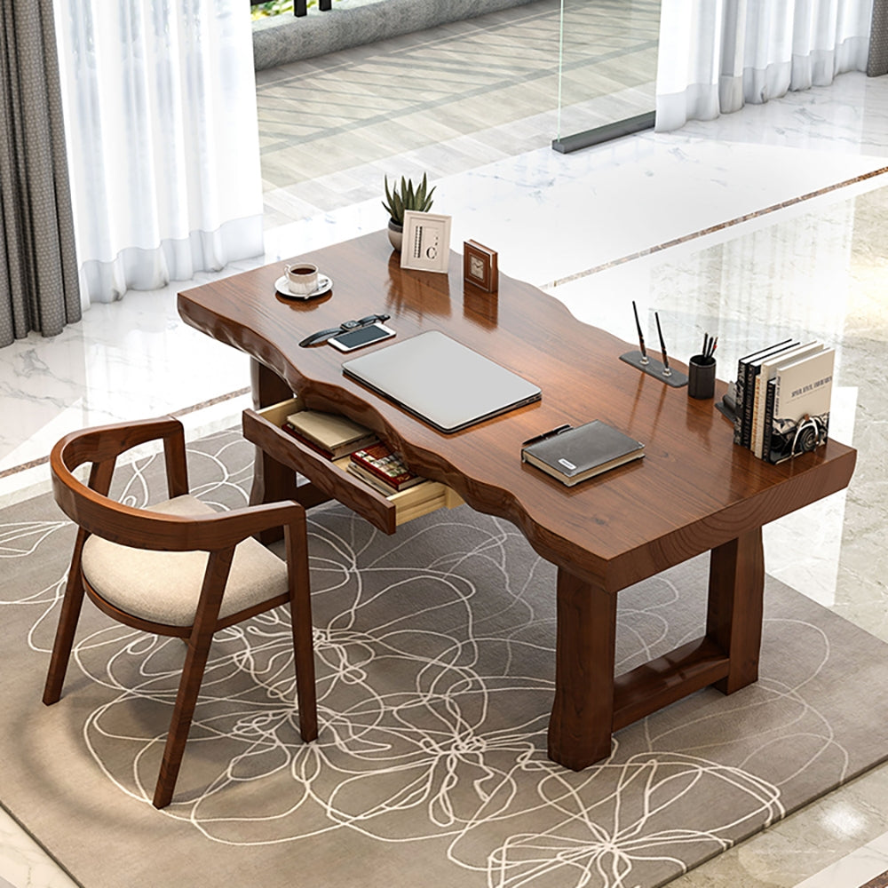 HMR - Modern Walnut Executive Office Desk with Drawer Storage Pine Wood Desk