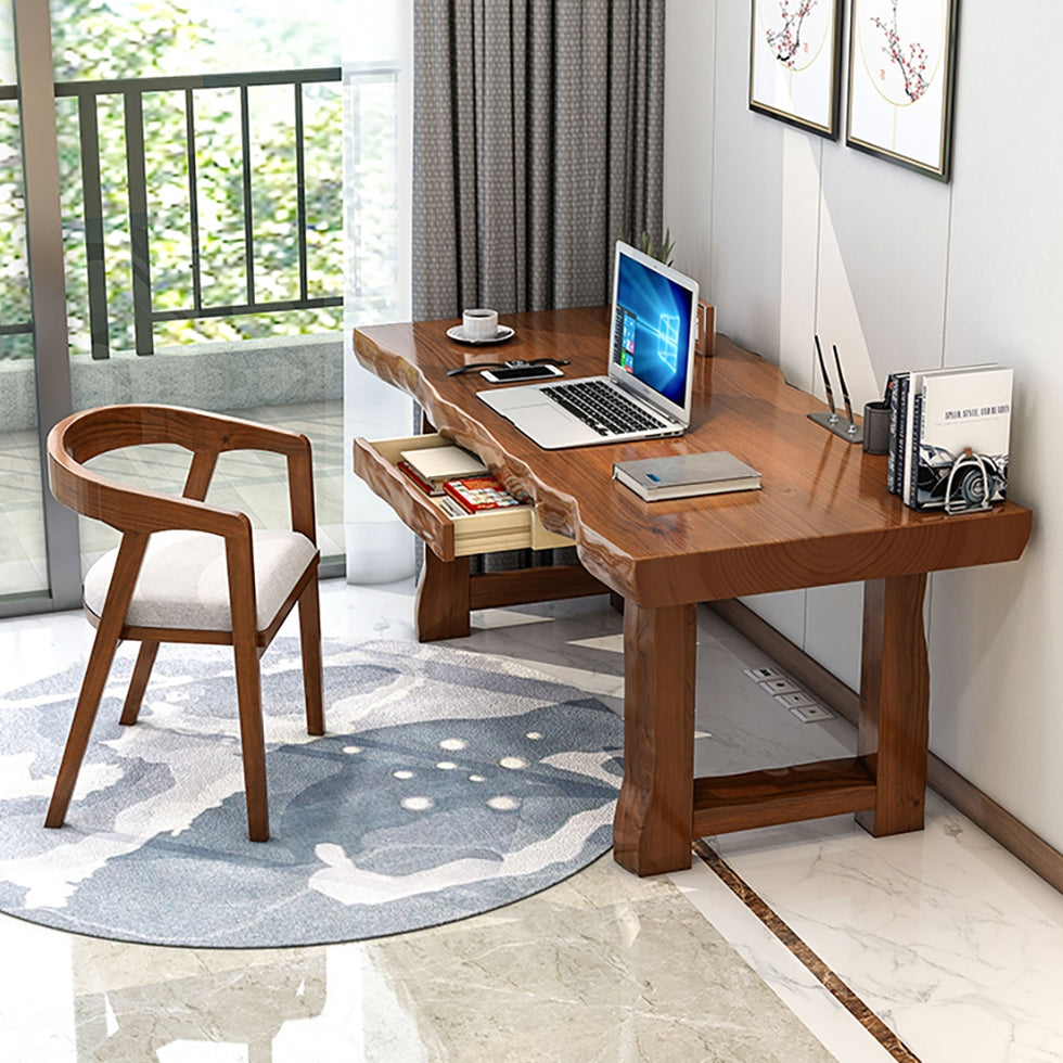 HMR - Modern Walnut Executive Office Desk with Drawer Storage Pine Wood Desk