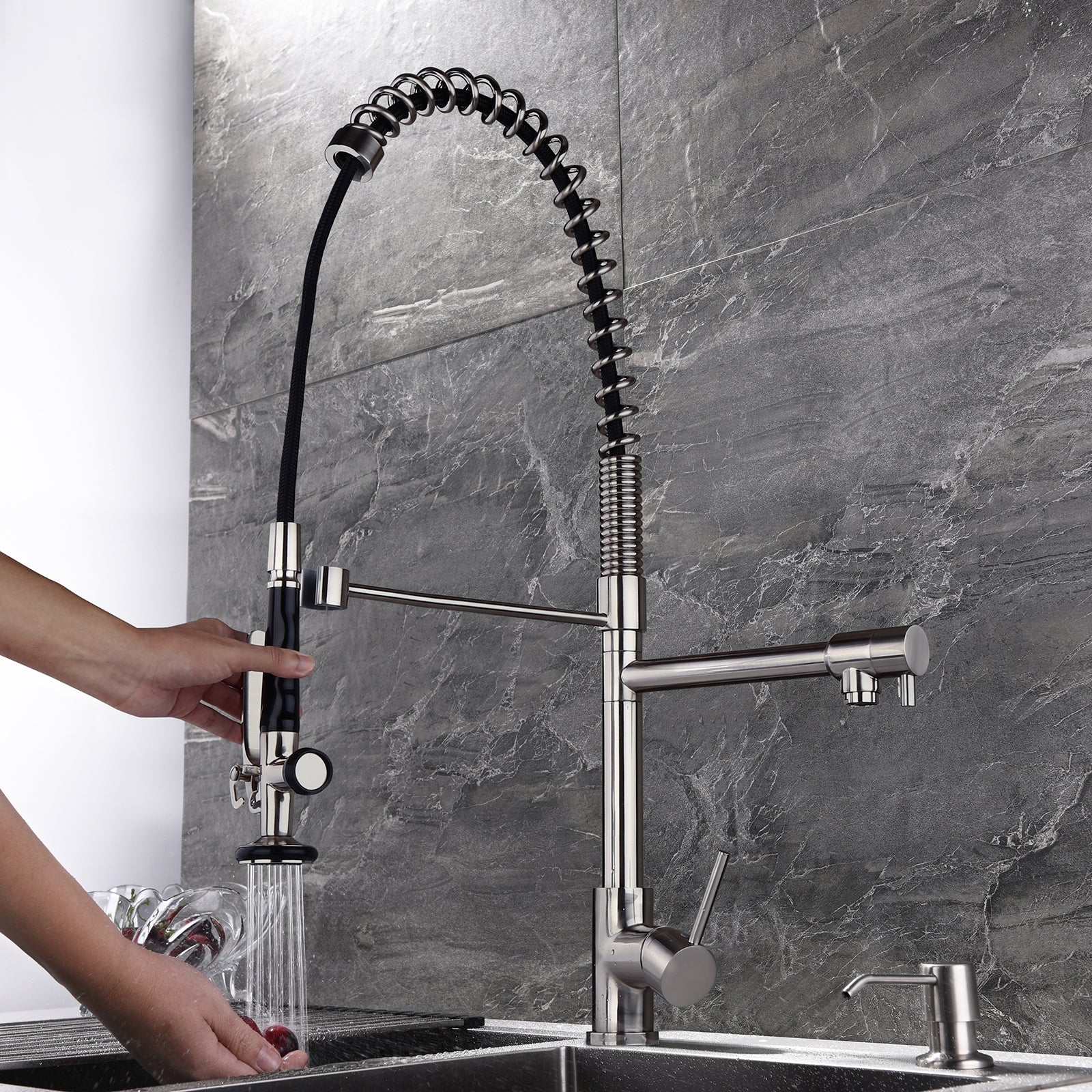 HMR - Commercial Pull Down Sprayer Kitchen Sink Faucet with Deck Plate