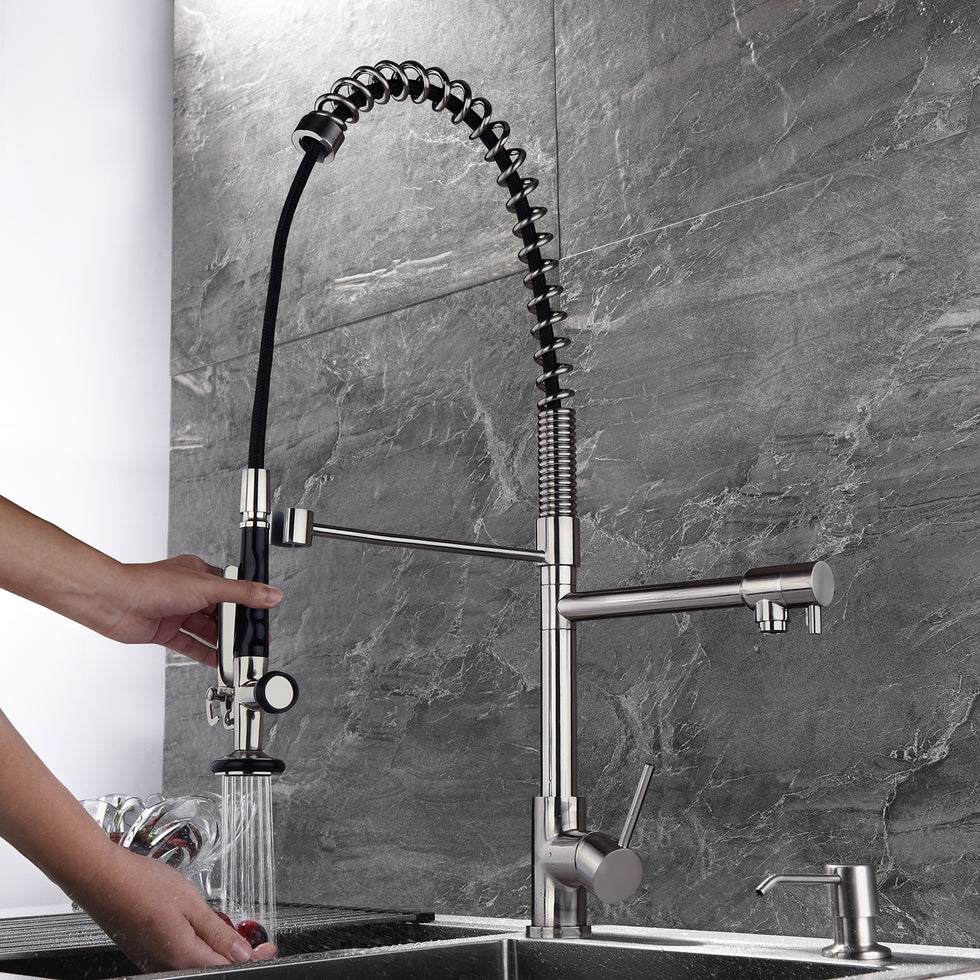 HMR - Commercial Pull Down Sprayer Kitchen Sink Faucet with Deck Plate