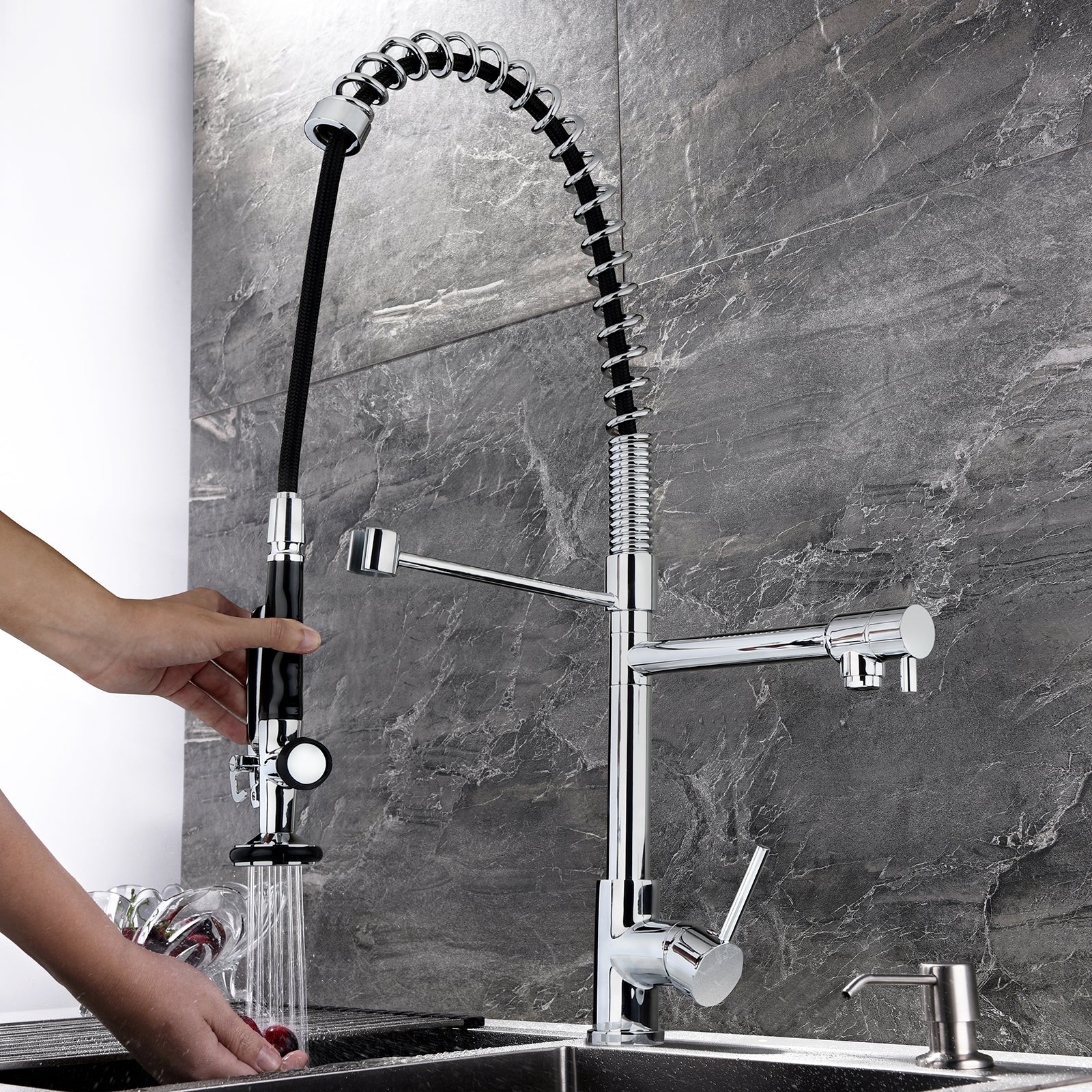 HMR - Commercial Pull Down Sprayer Kitchen Sink Faucet with Deck Plate