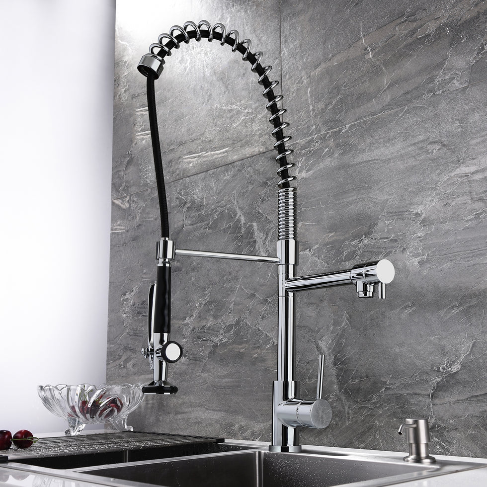 HMR - Commercial Pull Down Sprayer Kitchen Sink Faucet with Deck Plate
