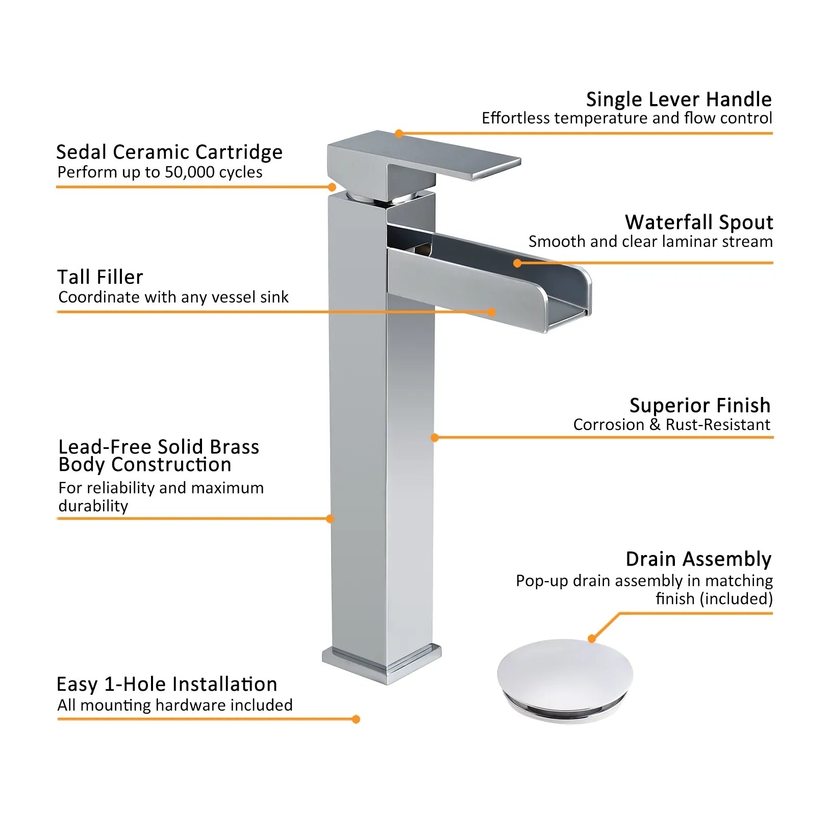 HMR - Modern Waterfall Bathroom Vessel Sink Faucet