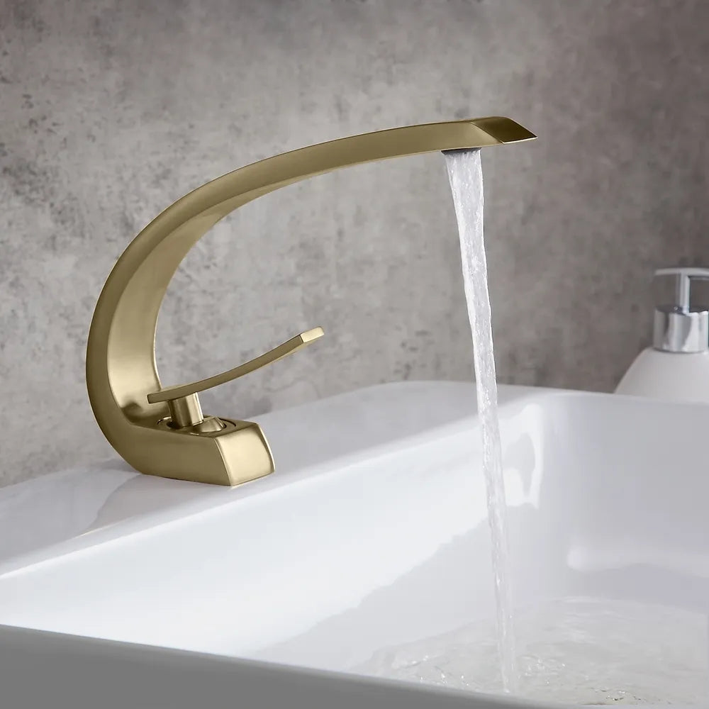 HMR - Modern 1-Handle C-Shaped Curved Spout Bathroom Sink Faucet with Pop Up Drain