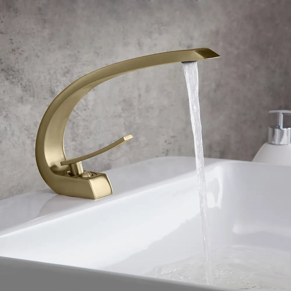 HMR - Modern 1-Handle C-Shaped Curved Spout Bathroom Sink Faucet with Pop Up Drain