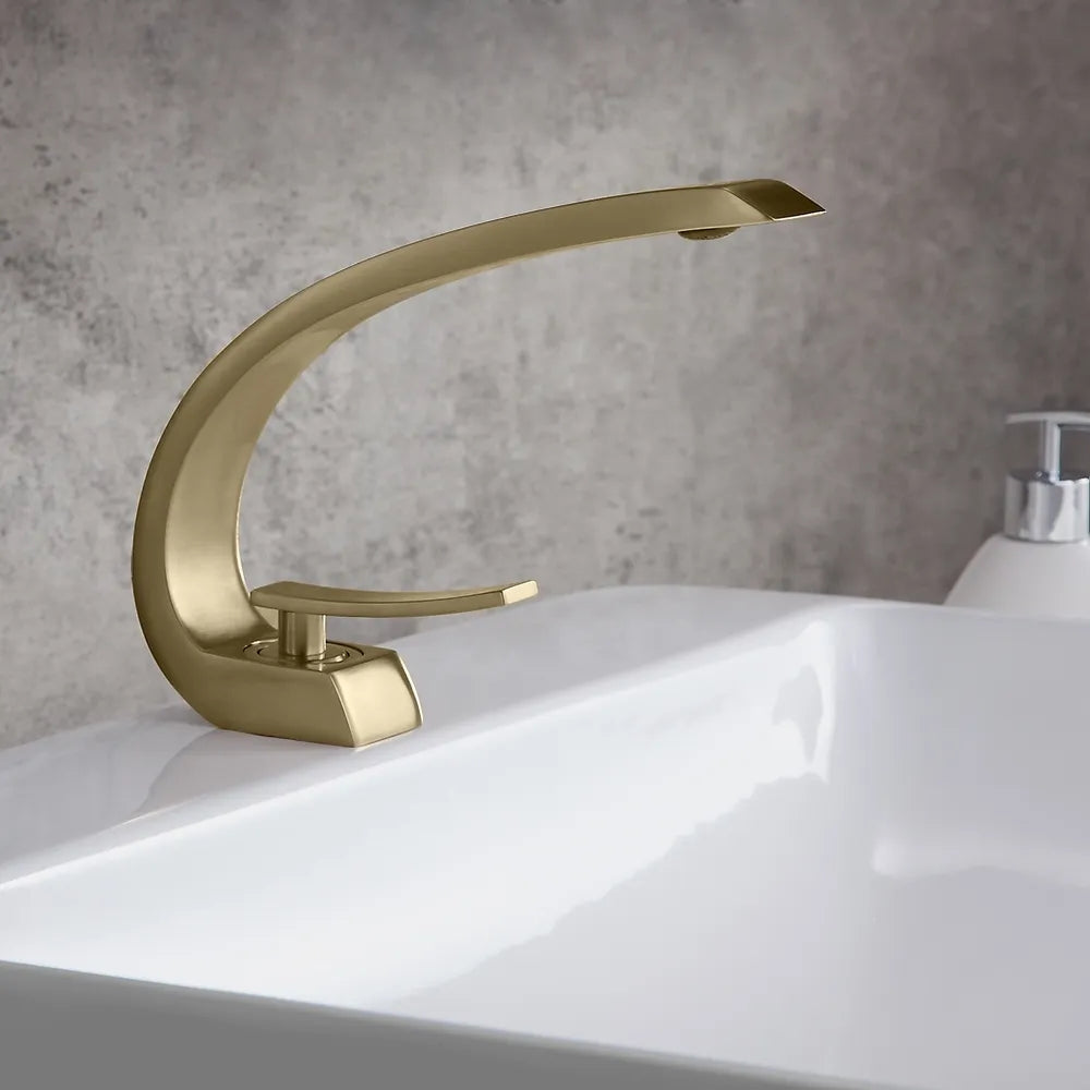 HMR - Modern 1-Handle C-Shaped Curved Spout Bathroom Sink Faucet with Pop Up Drain