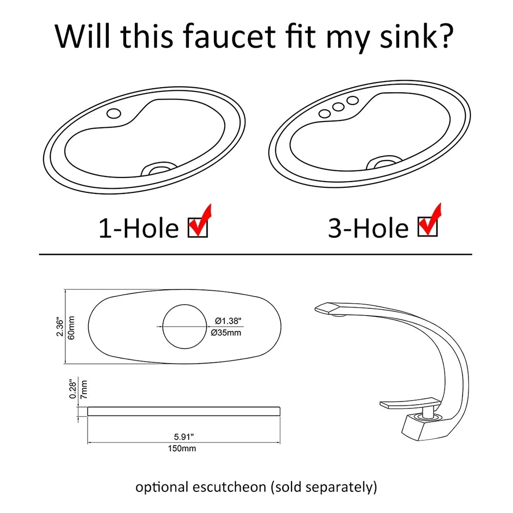 HMR - Modern 1-Handle C-Shaped Curved Spout Bathroom Sink Faucet with Pop Up Drain