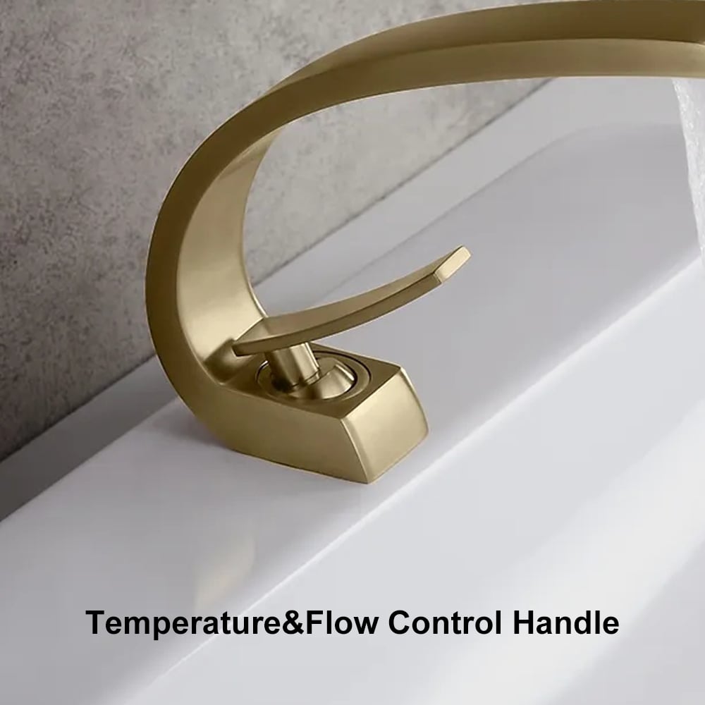 HMR - Modern 1-Handle C-Shaped Curved Spout Bathroom Sink Faucet with Pop Up Drain