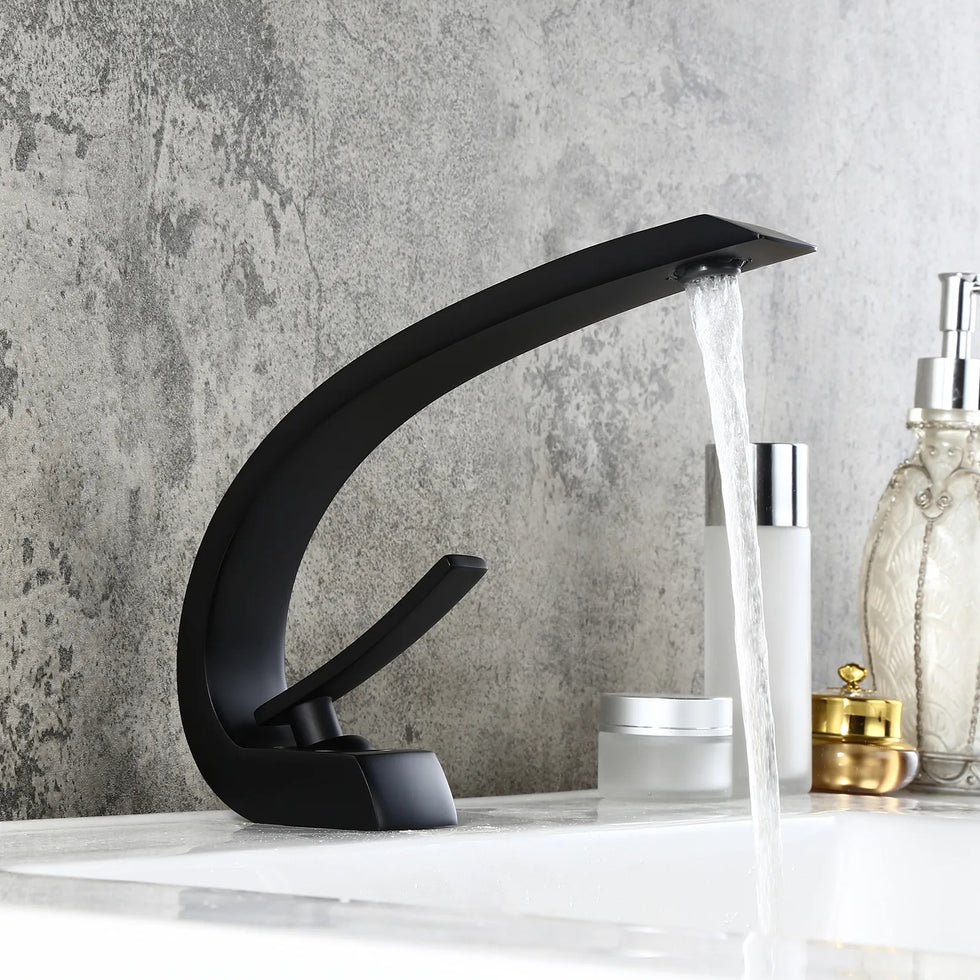 HMR - Modern 1-Handle C-Shaped Curved Spout Bathroom Sink Faucet with Pop Up Drain