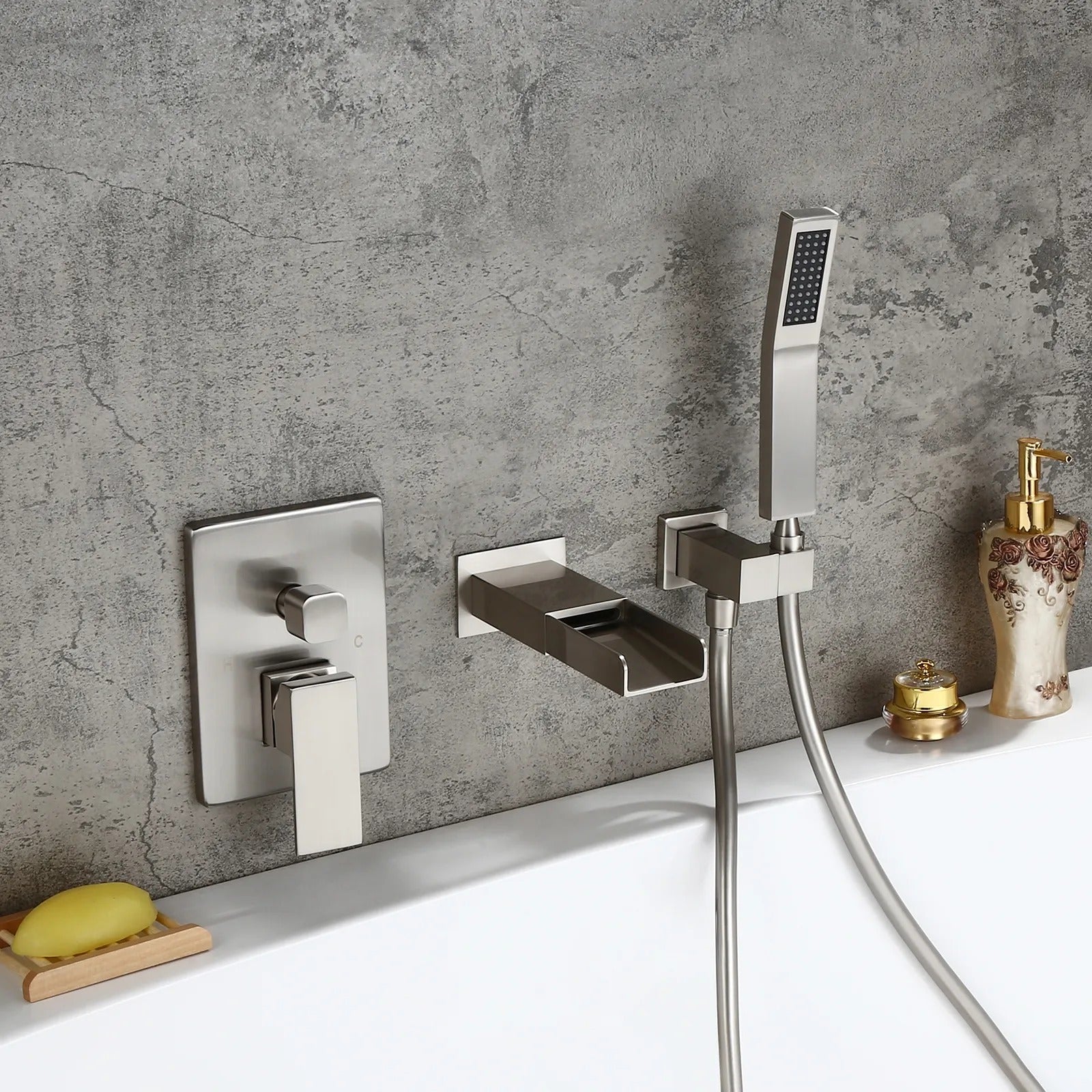HMR - Modern Waterfall Wall-Mount Bathtub Faucet with Handshower