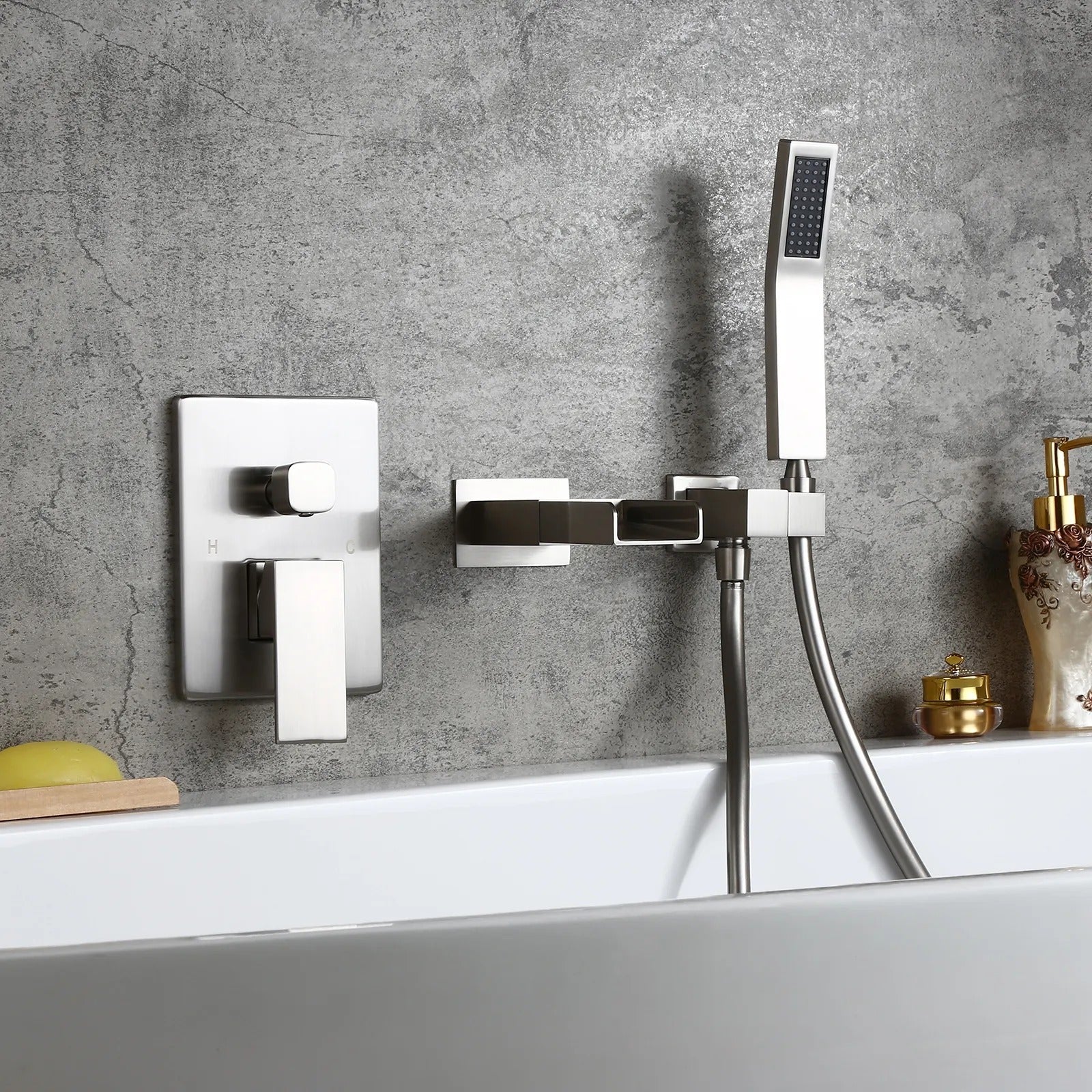 HMR - Modern Waterfall Wall-Mount Bathtub Faucet with Handshower