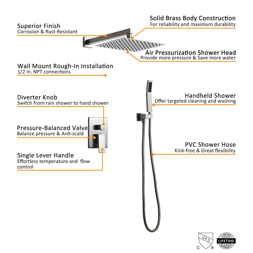 HMR - Modern 8" Wall Mounted Shower System with Handheld Shower Pressure Balance Valve