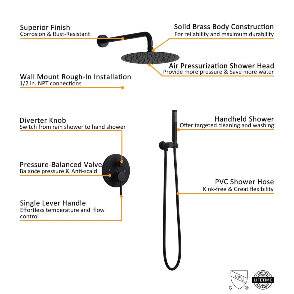 HMR - Modern 10" Wall Mounted Rain Shower System with Handheld Shower Set