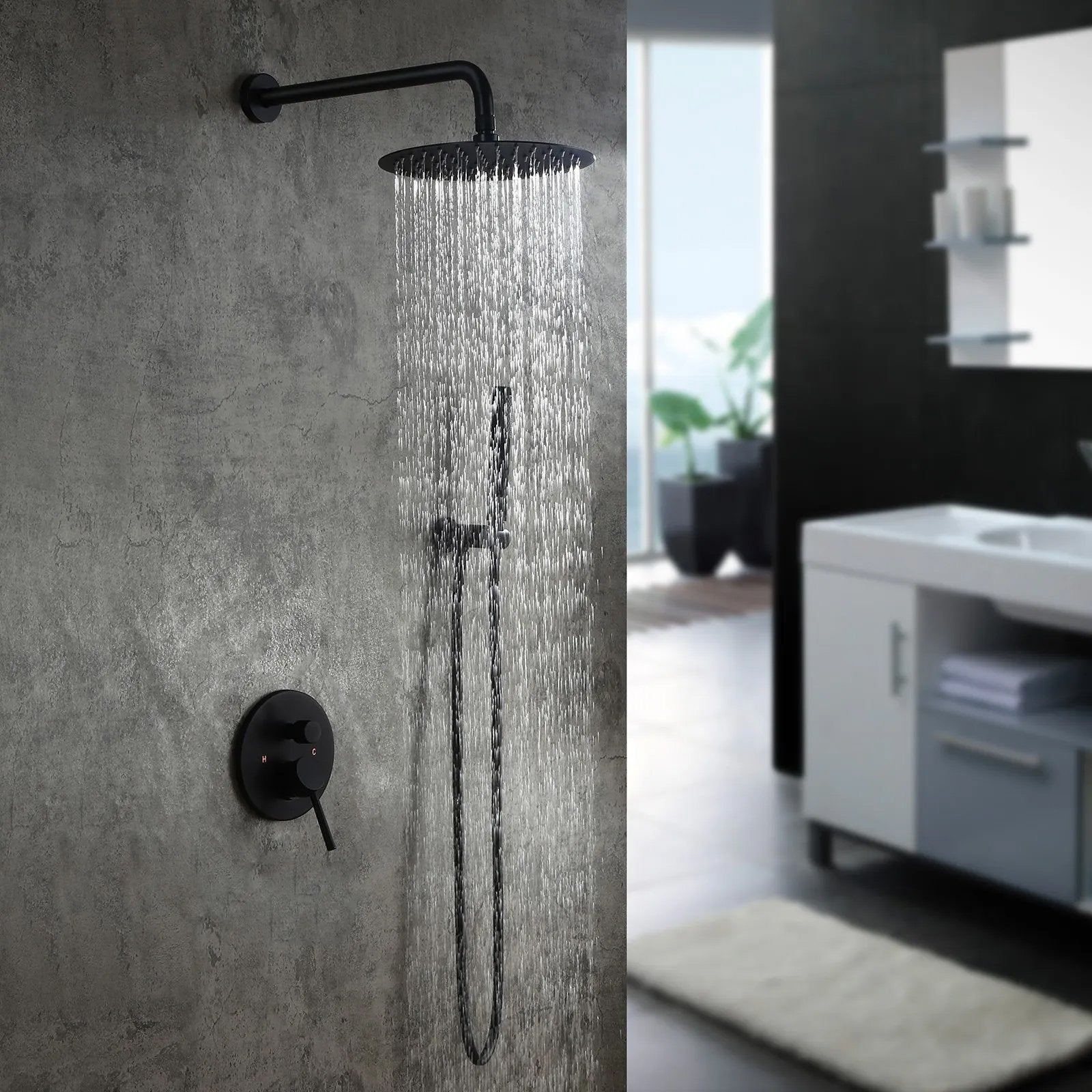 HMR - Modern 10" Wall Mounted Rain Shower System with Handheld Shower Set