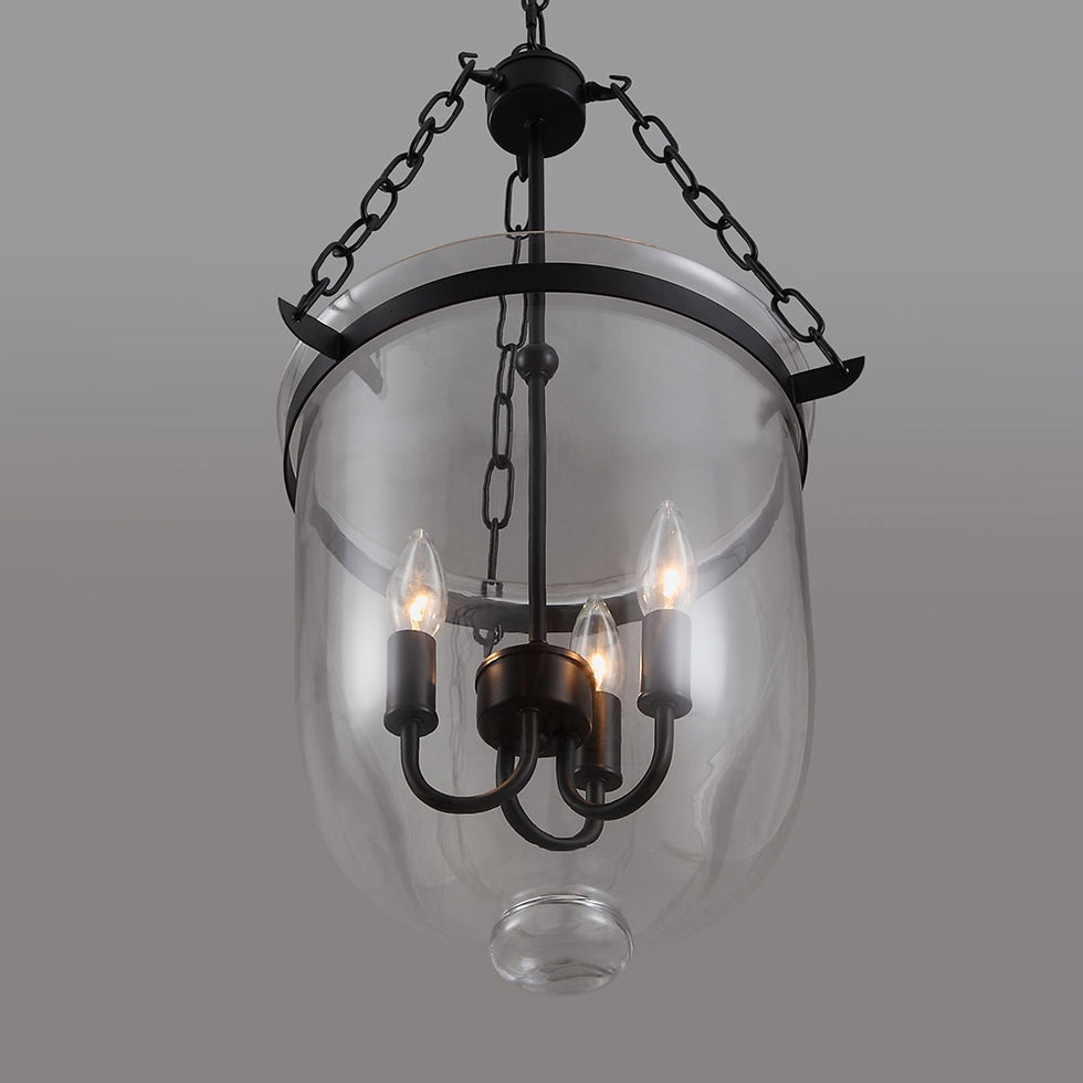 HMR - Rustic Clear Glass Shade Pendant Light with 3 Candle Lights in Black