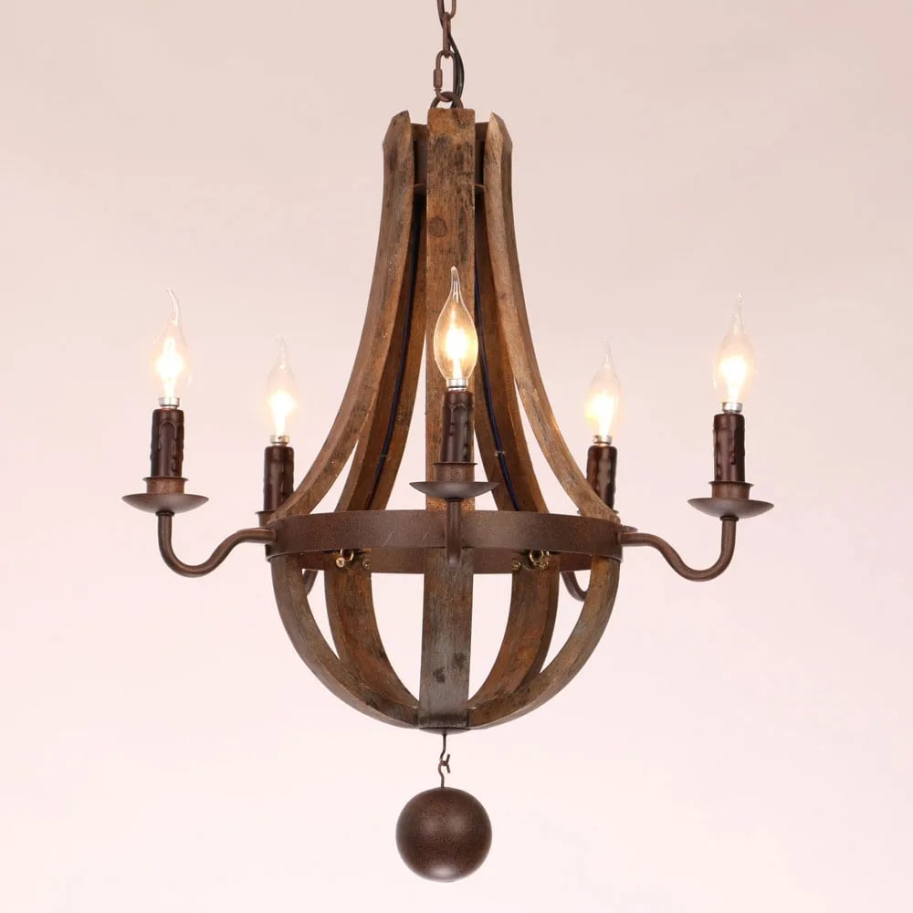 HMR - Rustic Reclaimed Wood and Rust Metal Chandelier with Candle Light in 5-Light