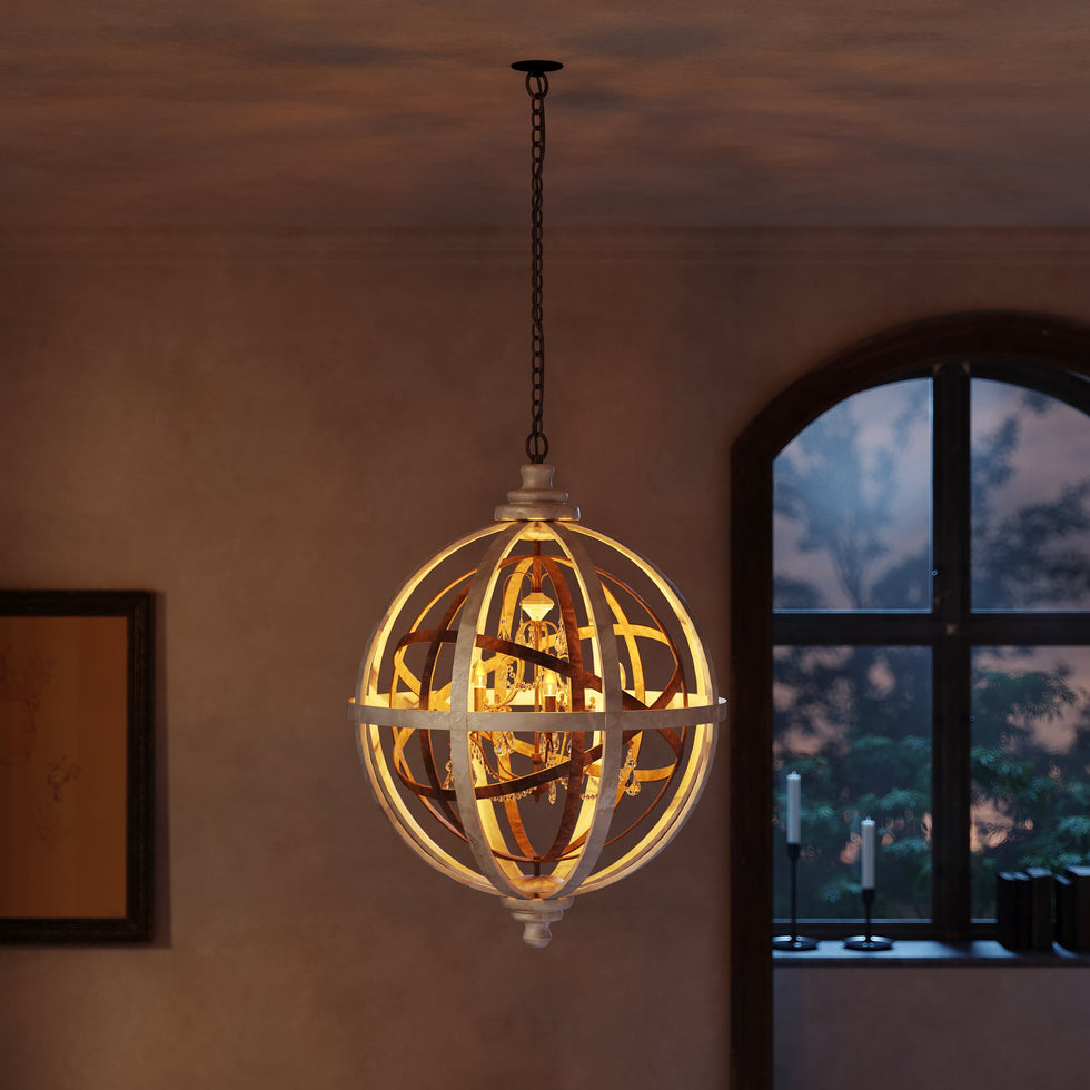 HMR - Retro Globe Weathered 5-Light Chandelier with Crystal Accents
