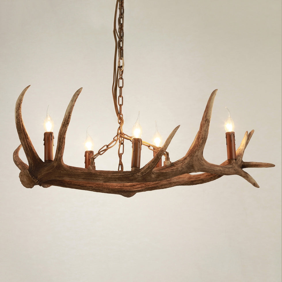 HMR - Rustic Faux Deer Antler Island Pool Table Pendant Light with 5 Candle Lights in Resin
