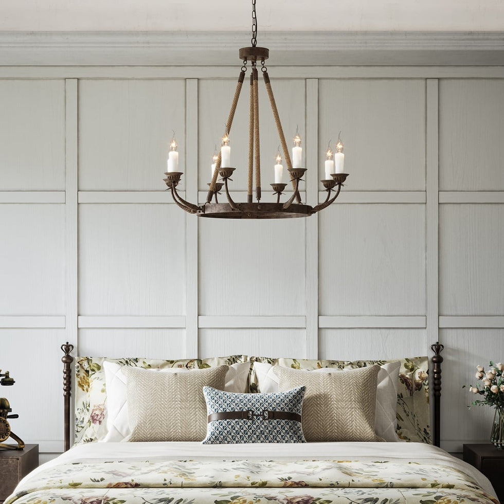 HMR - Candlely Hemp Rope and Metal 8-Light Round Chandelier in Rust