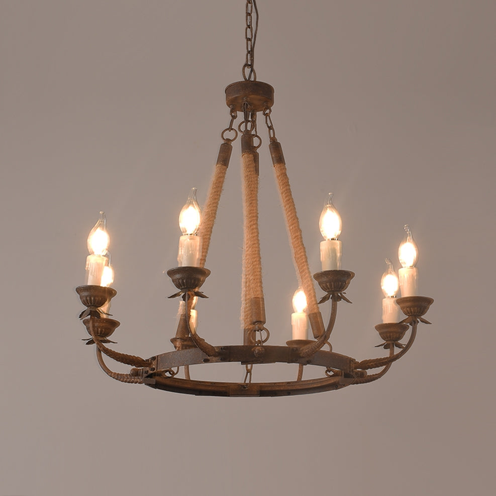 HMR - Candlely Hemp Rope and Metal 8-Light Round Chandelier in Rust