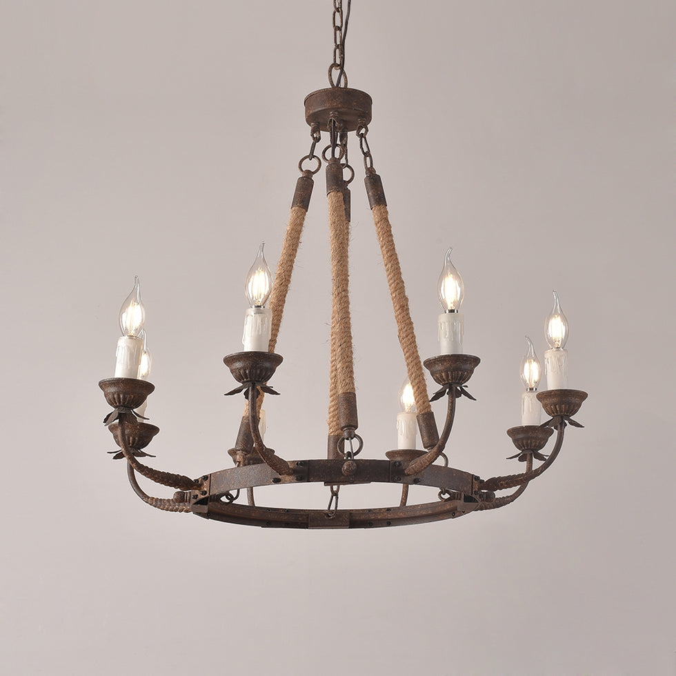 HMR - Candlely Hemp Rope and Metal 8-Light Round Chandelier in Rust