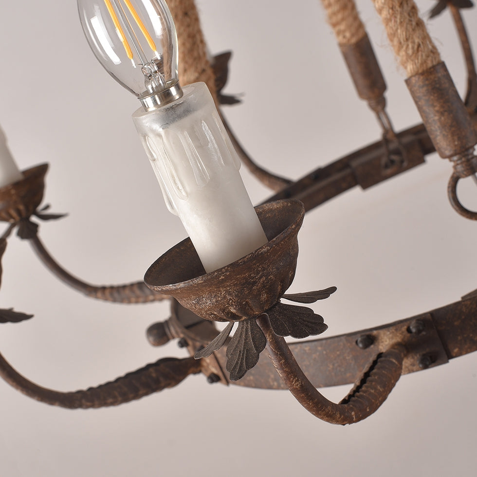 HMR - Candlely Hemp Rope and Metal 8-Light Round Chandelier in Rust
