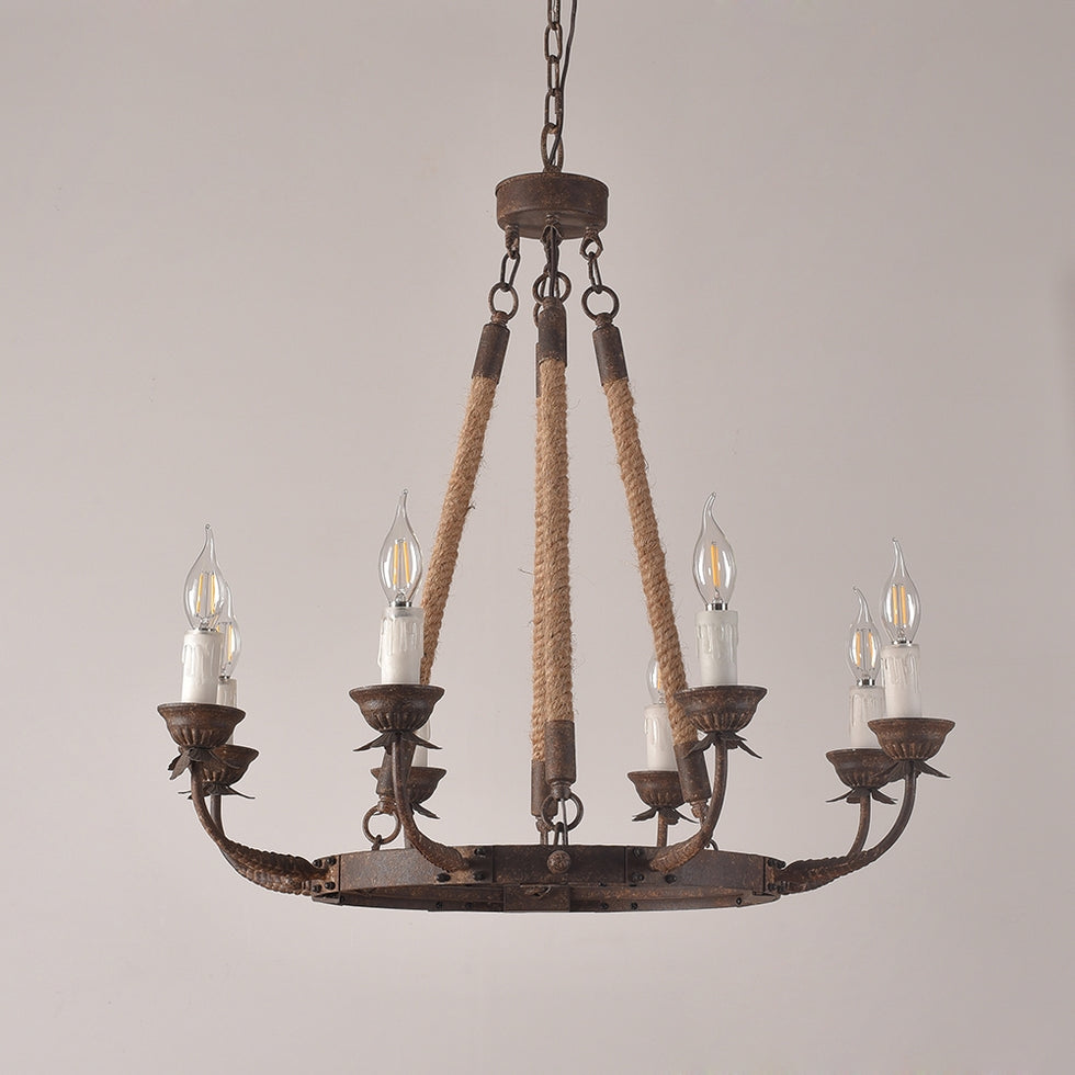 HMR - Candlely Hemp Rope and Metal 8-Light Round Chandelier in Rust