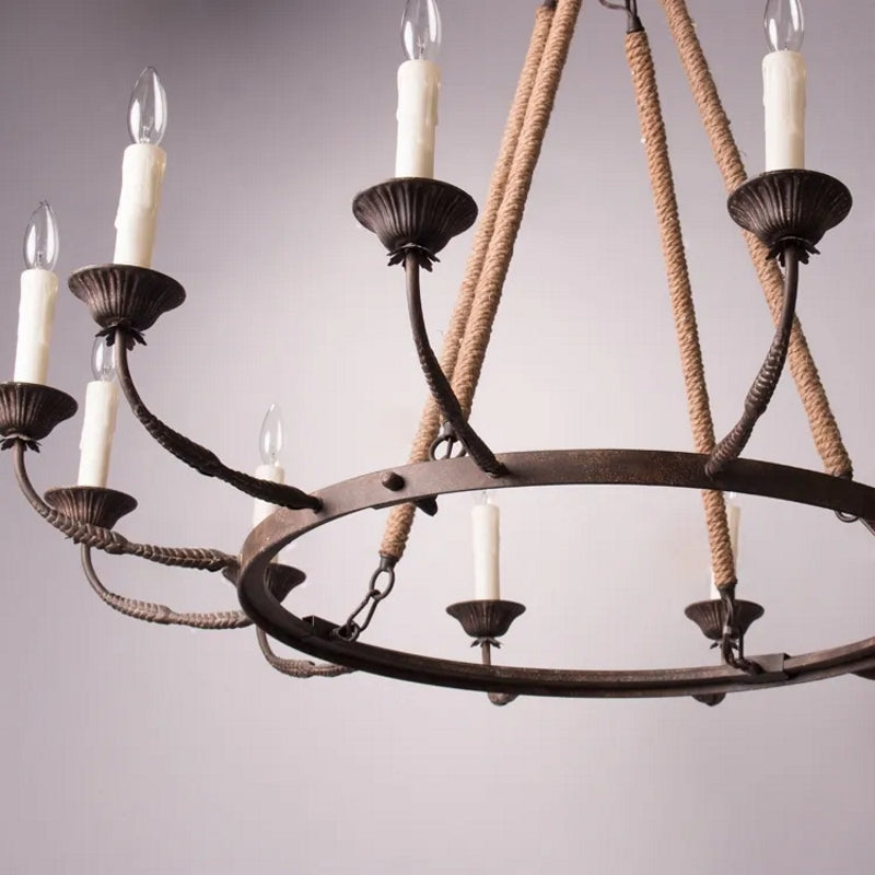 HMR - Candlely 12-Light Wagon Wheel Chandelier with Flaxen Hemp Rope in Rust