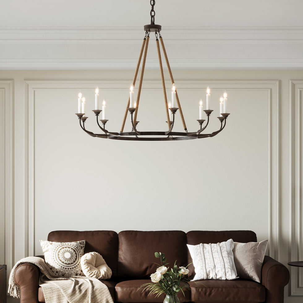HMR - Candlely 12-Light Wagon Wheel Chandelier with Flaxen Hemp Rope in Rust