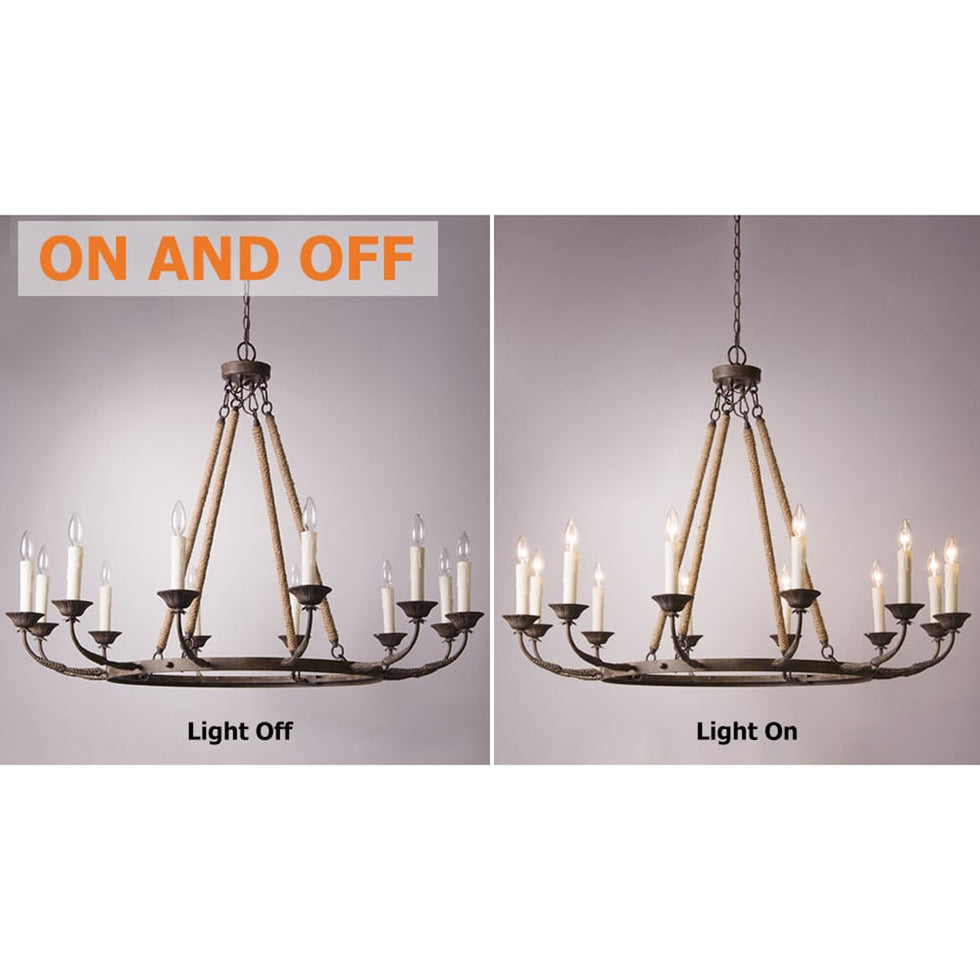HMR - Candlely 12-Light Wagon Wheel Chandelier with Flaxen Hemp Rope in Rust