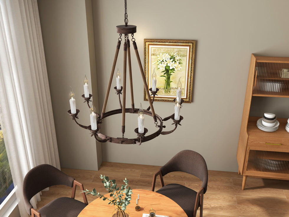 HMR - Candlely 12-Light Wagon Wheel Chandelier with Flaxen Hemp Rope in Rust