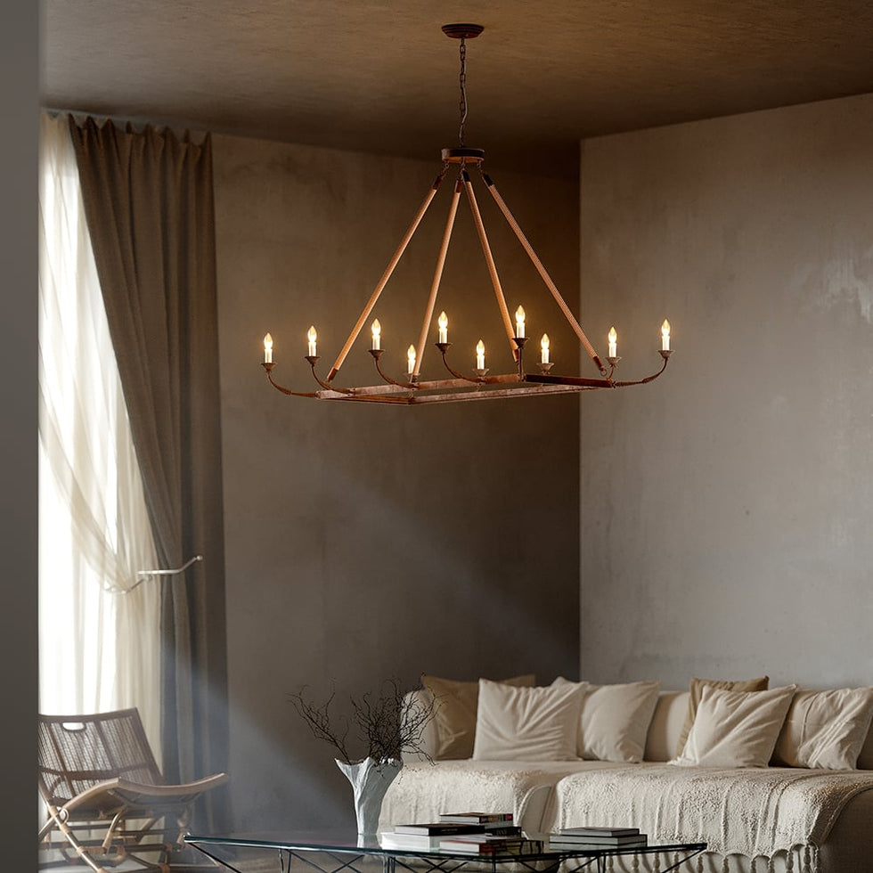 HMR - Candlely 10-Light Rectangular Linear Chandelier with Hemp Rope in Rust