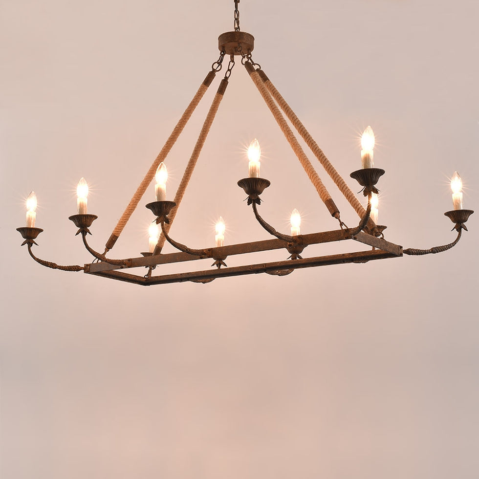 HMR - Candlely 10-Light Rectangular Linear Chandelier with Hemp Rope in Rust