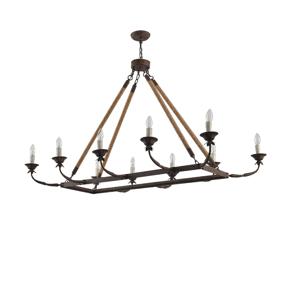 HMR - Candlely 10-Light Rectangular Linear Chandelier with Hemp Rope in Rust