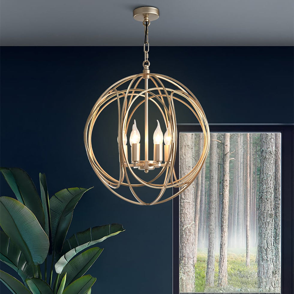 HMR - Modern 4-Light Iron Suspended Geometric Chandelier in Gold