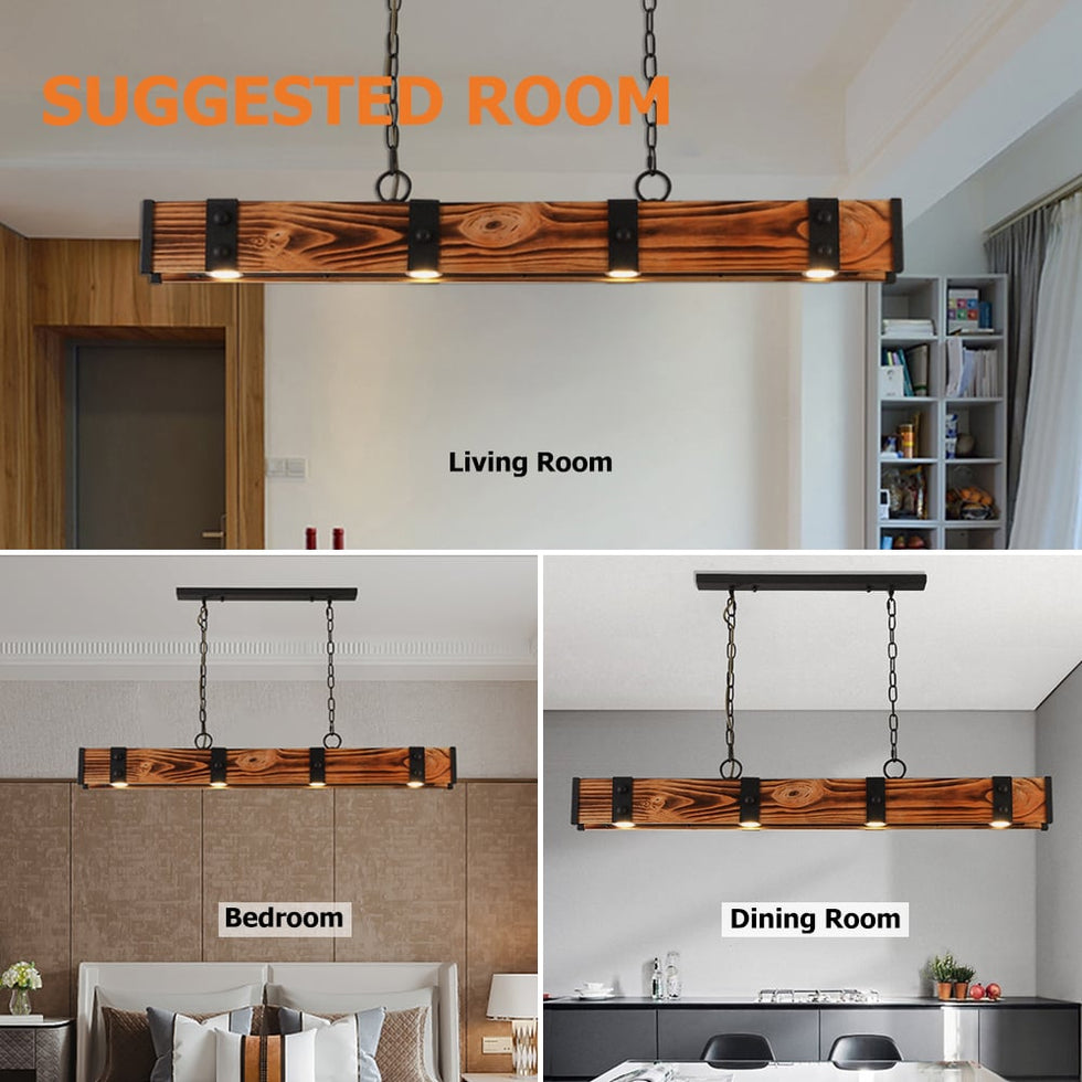 HMR - Rowen Industrial 4-Light LED Linear Rust Wood and Metal Pendant Light in Rust