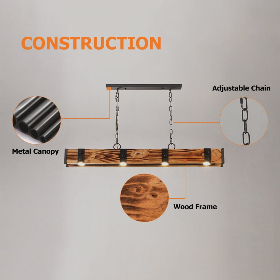 HMR - Rowen Industrial 4-Light LED Linear Rust Wood and Metal Pendant Light in Rust