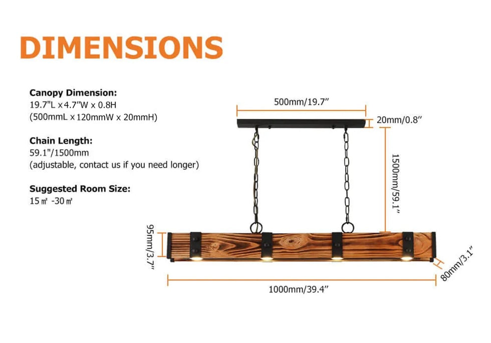 HMR - Rowen Industrial 4-Light LED Linear Rust Wood and Metal Pendant Light in Rust