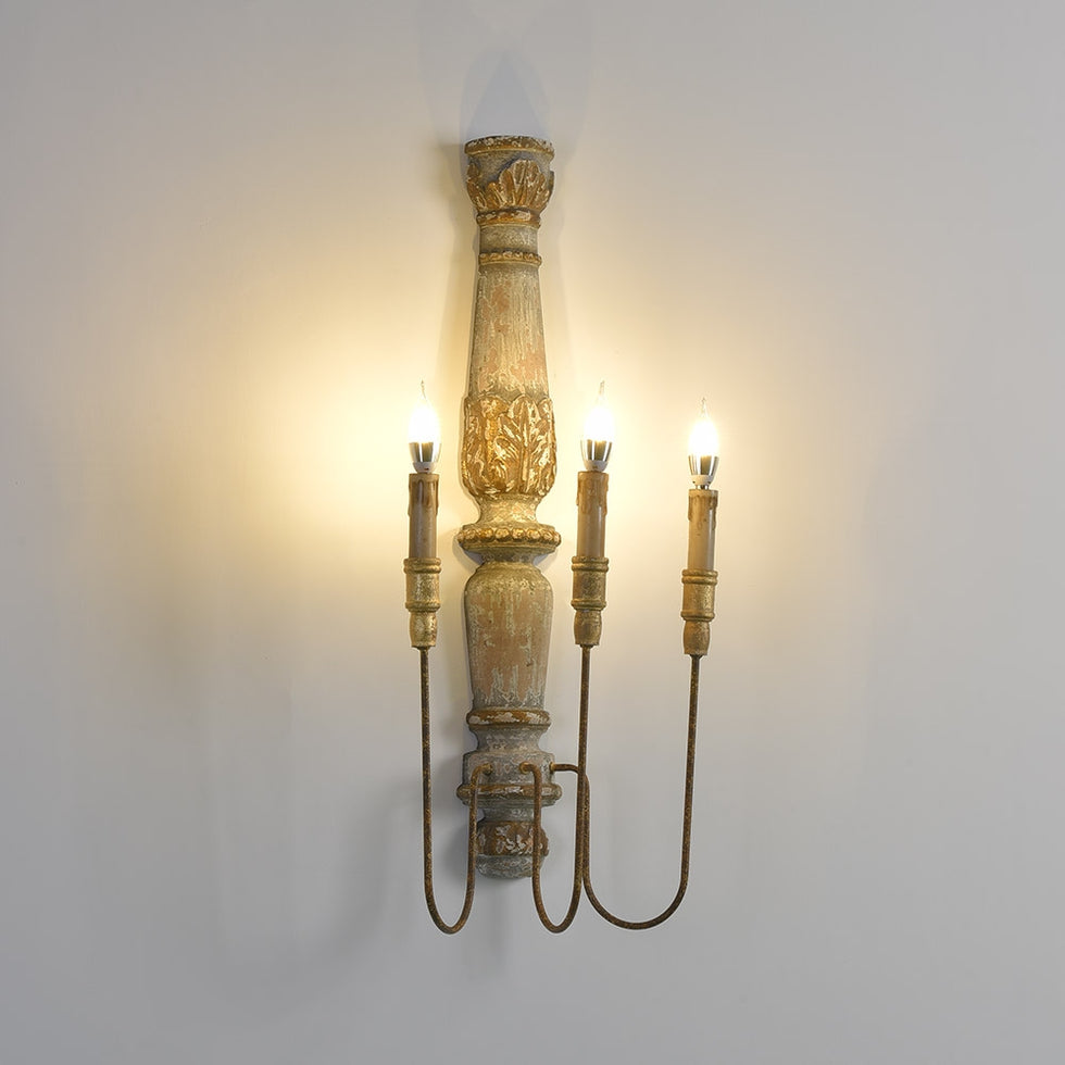 HMR - 3-Light Candle Wall Sconce Distressed Carved Design in Natural