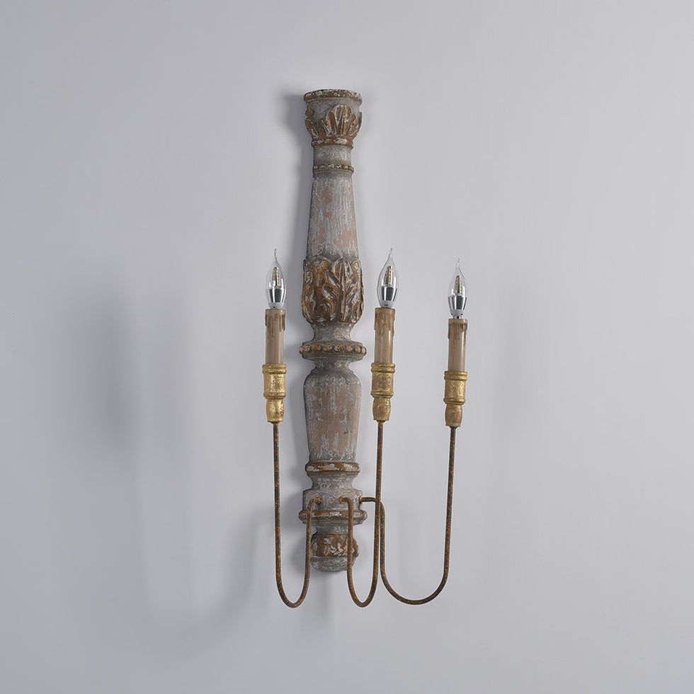 HMR - 3-Light Candle Wall Sconce Distressed Carved Design in Natural