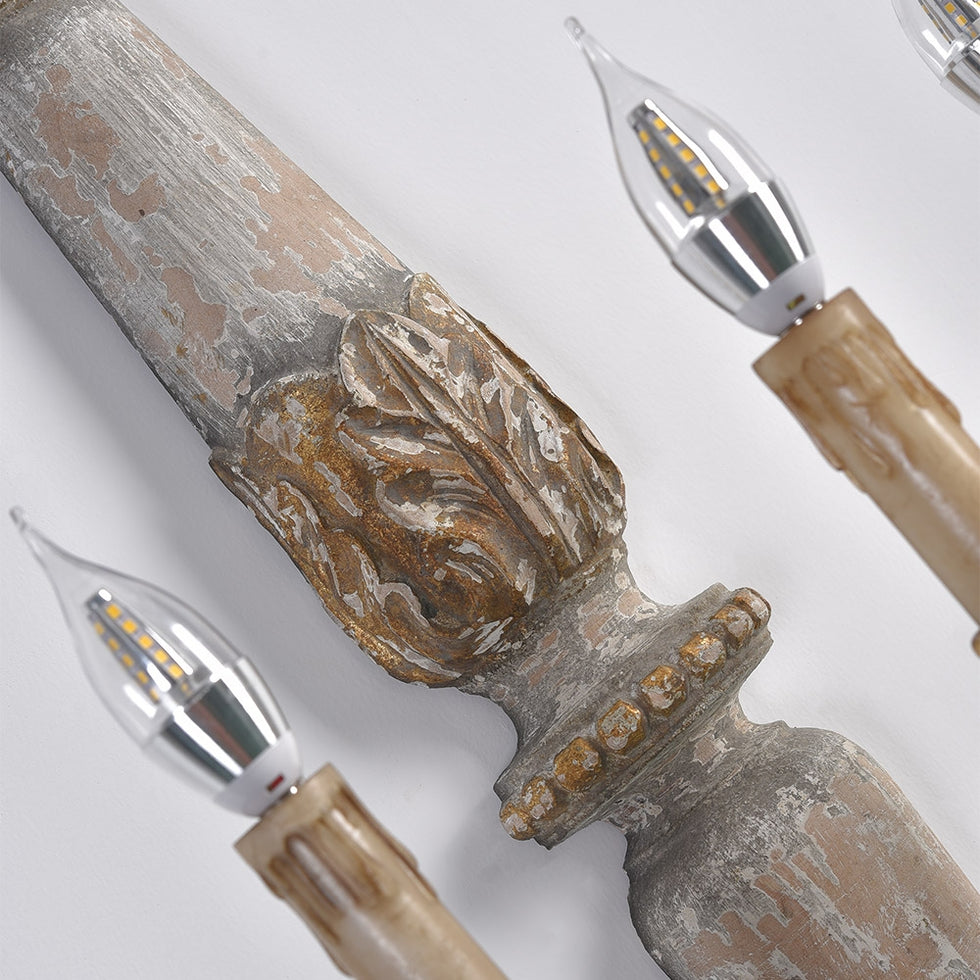 HMR - 3-Light Candle Wall Sconce Distressed Carved Design in Natural