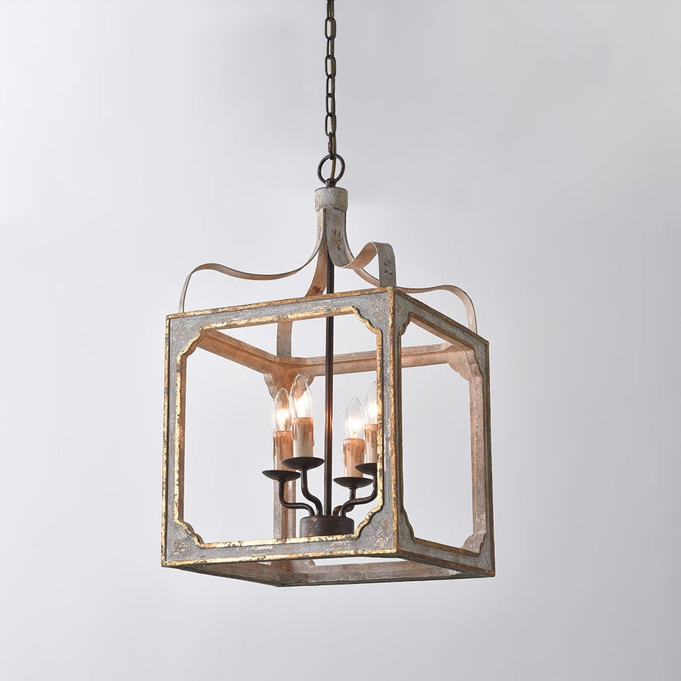 HMR - French 4-Light Lantern Chandelier Square Candelabra in Antique Gray