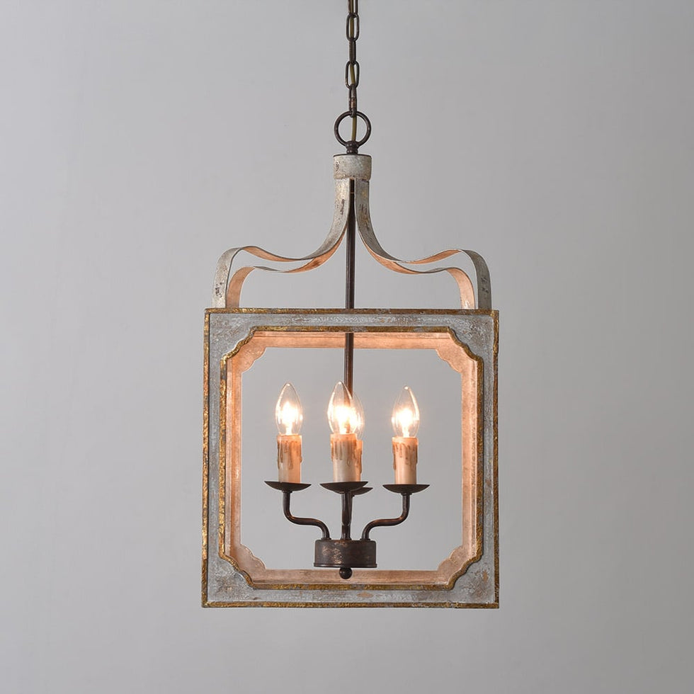 HMR - French 4-Light Lantern Chandelier Square Candelabra in Antique Gray