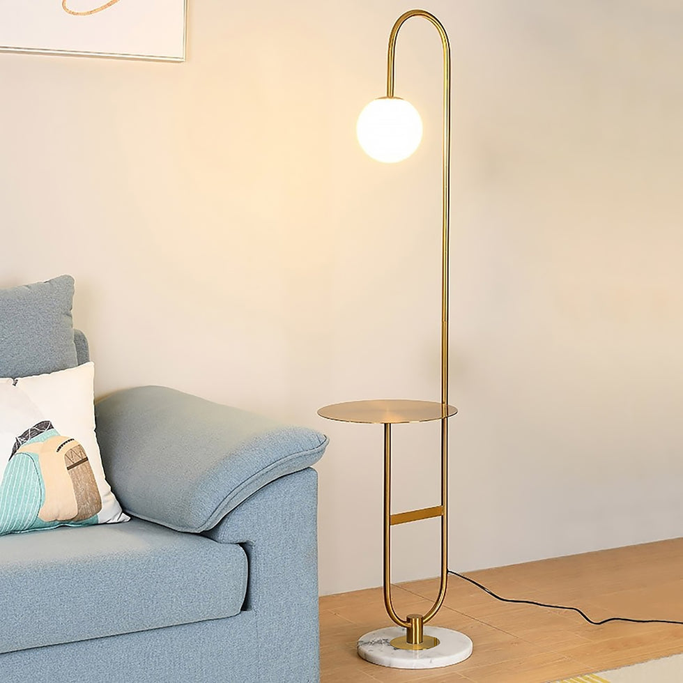 HMR - 60" Arc Floor Lamp with Shelf with Glass Shade and Marble Base in Gold