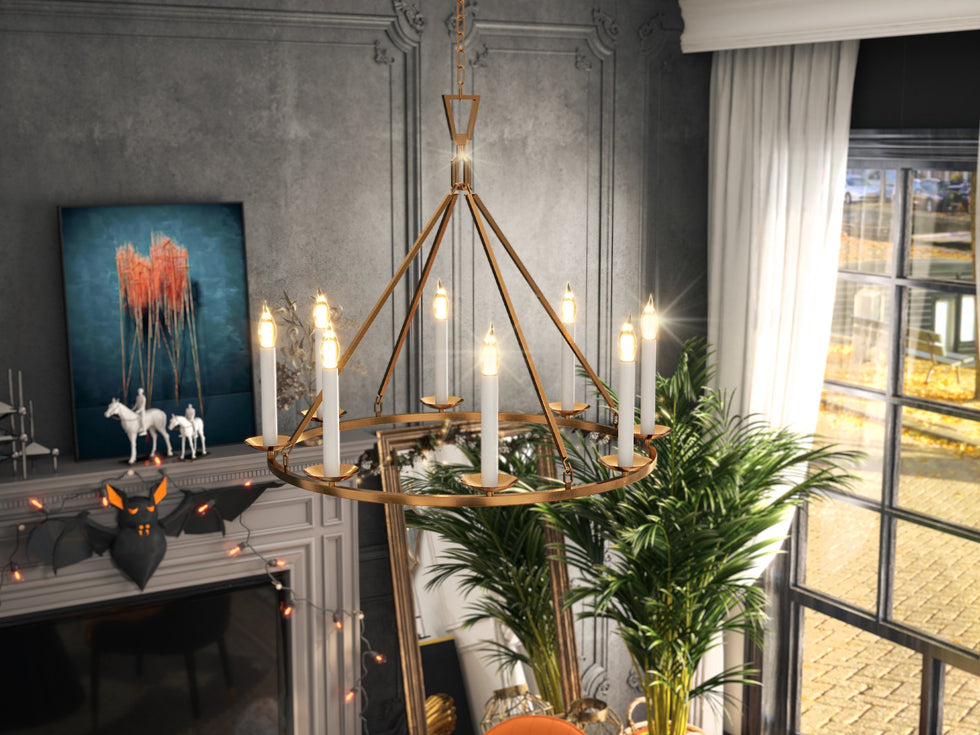 HMR - Rustic Candle Round Chandelier for Living Room in 8-Light